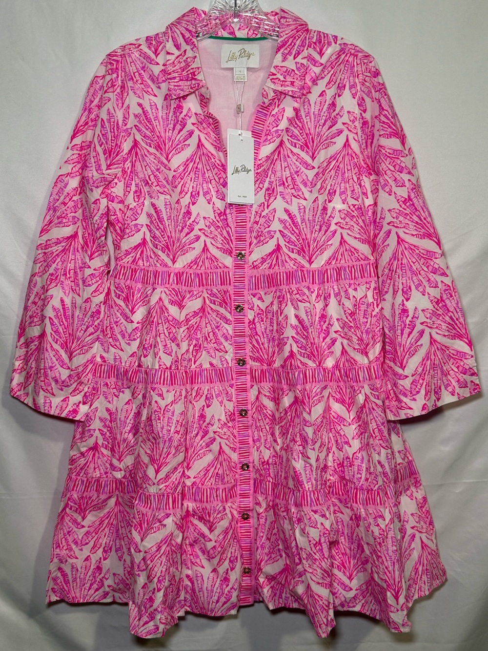 Lilly Pulitzer Pink White Floral Collared Button Front Cotton Shirt Dress 4 NWT - Picture 1 of 9